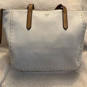 Fossil Cream and Brown Large Tote with Wallet!! GUC (approx 11x17x6)